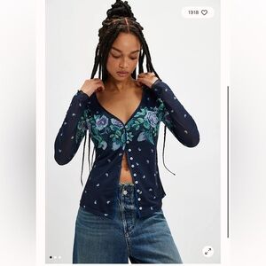 Free People Home Grown Mesh Cardi- Navy Floral